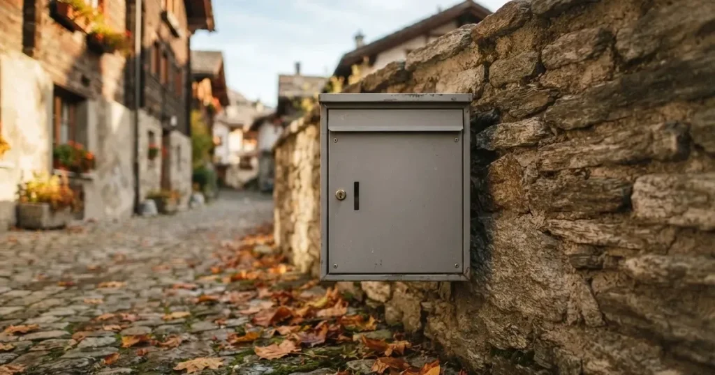 Ein Briefkasten aus Metall hängt an einer Steinmauer in einer Schweizer Gasse, Herbstlaub liegt auf dem Pflaster.