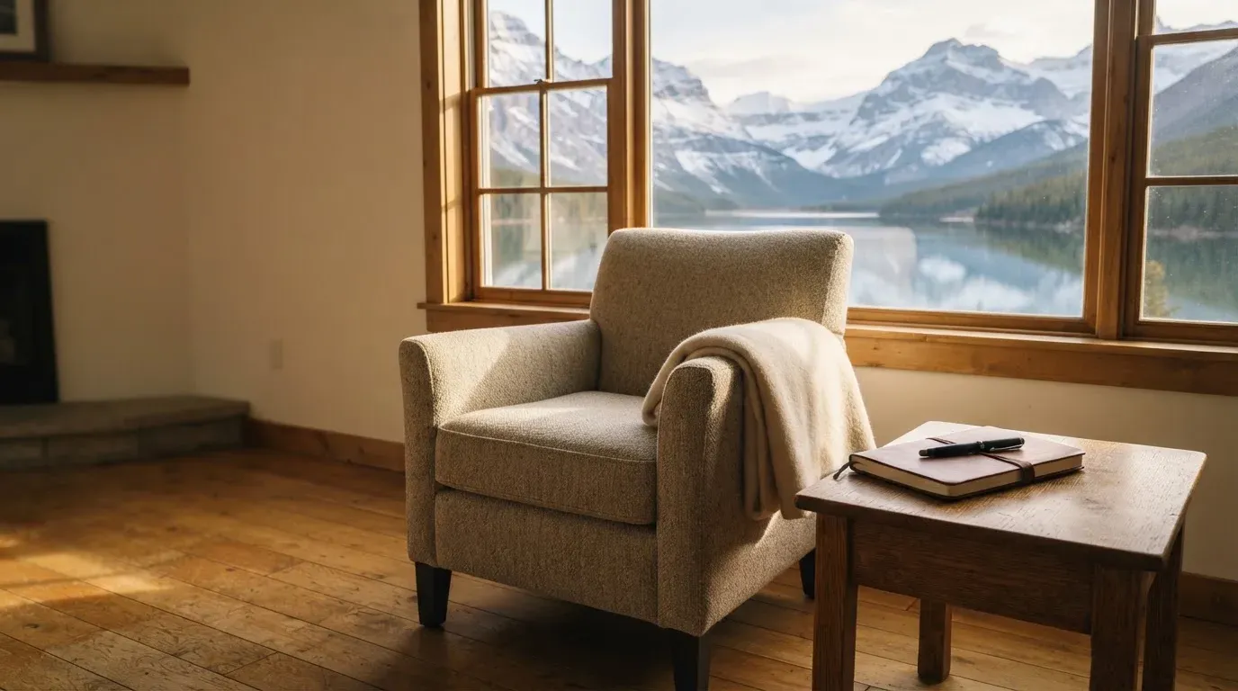 Ein leerer Sessel steht an einem Fenster mit Blick auf einen ruhigen See und schneebedeckte Berge im Morgenlicht.