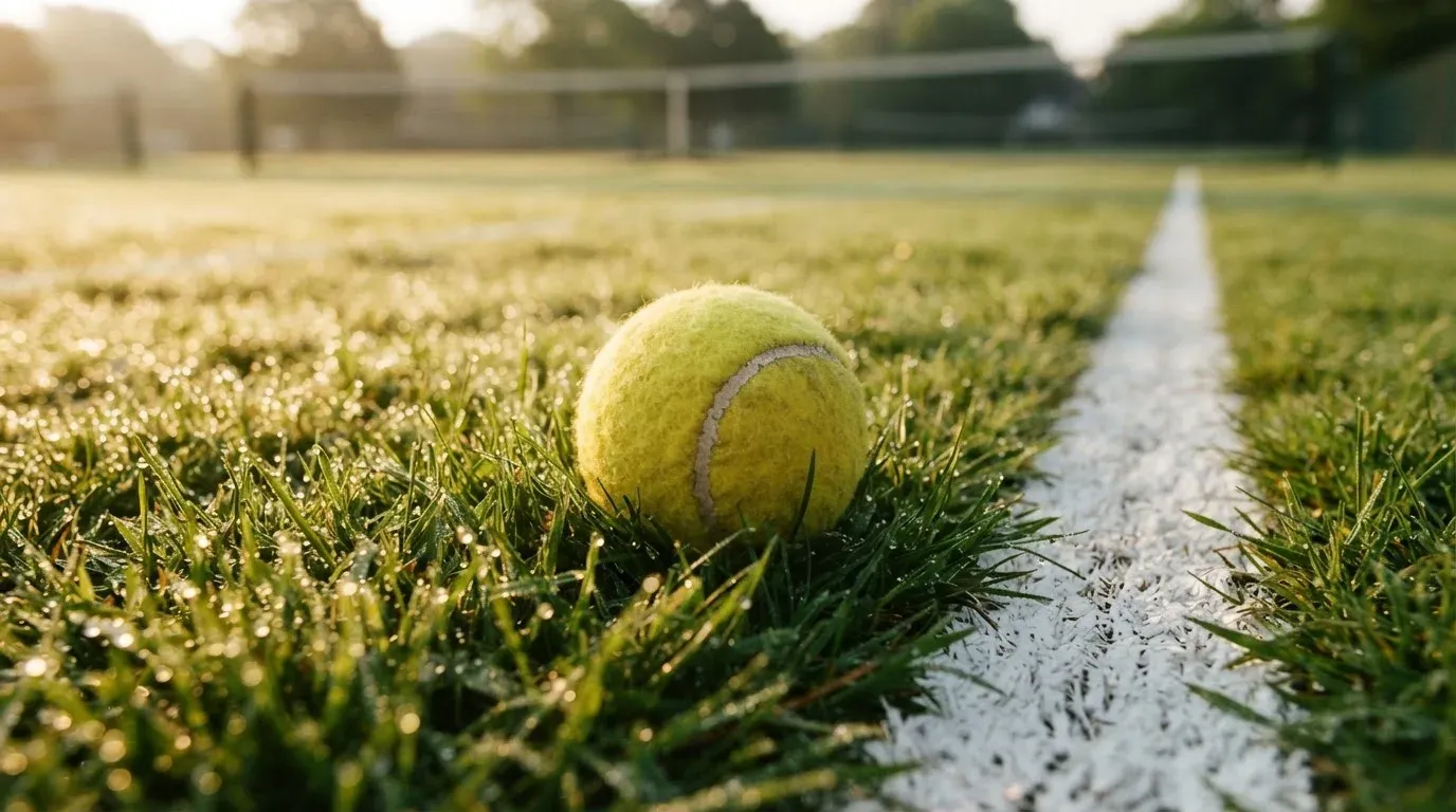 Ein gelber Tennisball liegt im Gras neben der weissen Grundlinie, Tau glitzert auf den Halmen im flachen Sonnenlicht.