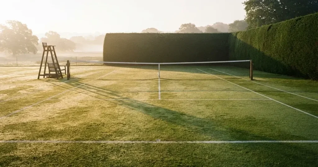 Ein Tennisplatz aus Rasen im ersten Morgenlicht mit frisch gezogenen Linien, einem Netz und einem leeren Schiedsrichterstuhl, dahinter hohe Hecken.