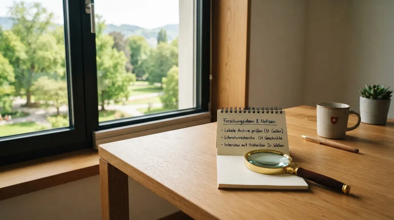 Ein Holzschreibtisch in einem hellen Büro mit Blick auf einen Park, darauf eine Lupe und ein leerer Notizblock.