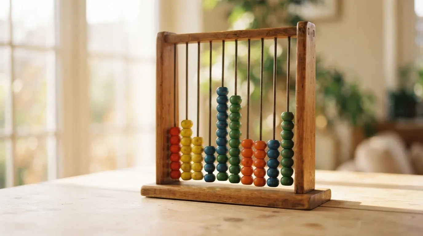 Ein Abakus mit bunten Holzperlen steht auf einem hellen Schreibtisch vor einem unscharfen Fenster.