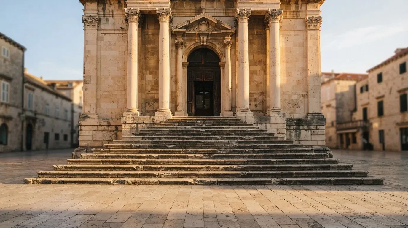 Eine steinerne Treppe führt zu einem Portal mit Säulen im Morgenlicht, der Platz davor ist leer.