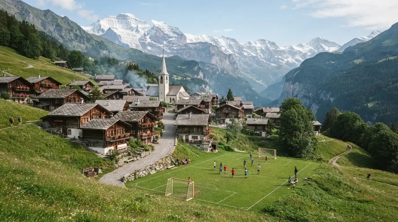 Ein Schweizer Bergdorf mit Kirchturm und einem kleinen Fussballplatz am Hang, im Hintergrund schneebedeckte Gipfel.