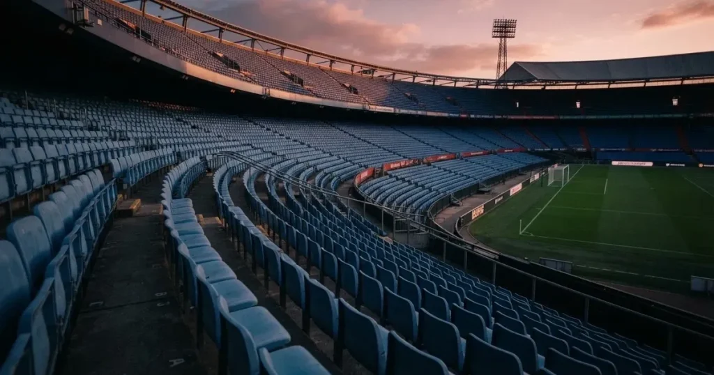 Eine Reihe leerer Sitzplätze in einem Stadion, die Sessel in gleichmässigem Abstand, über den Rängen ein Abendhimmel in Rosa.