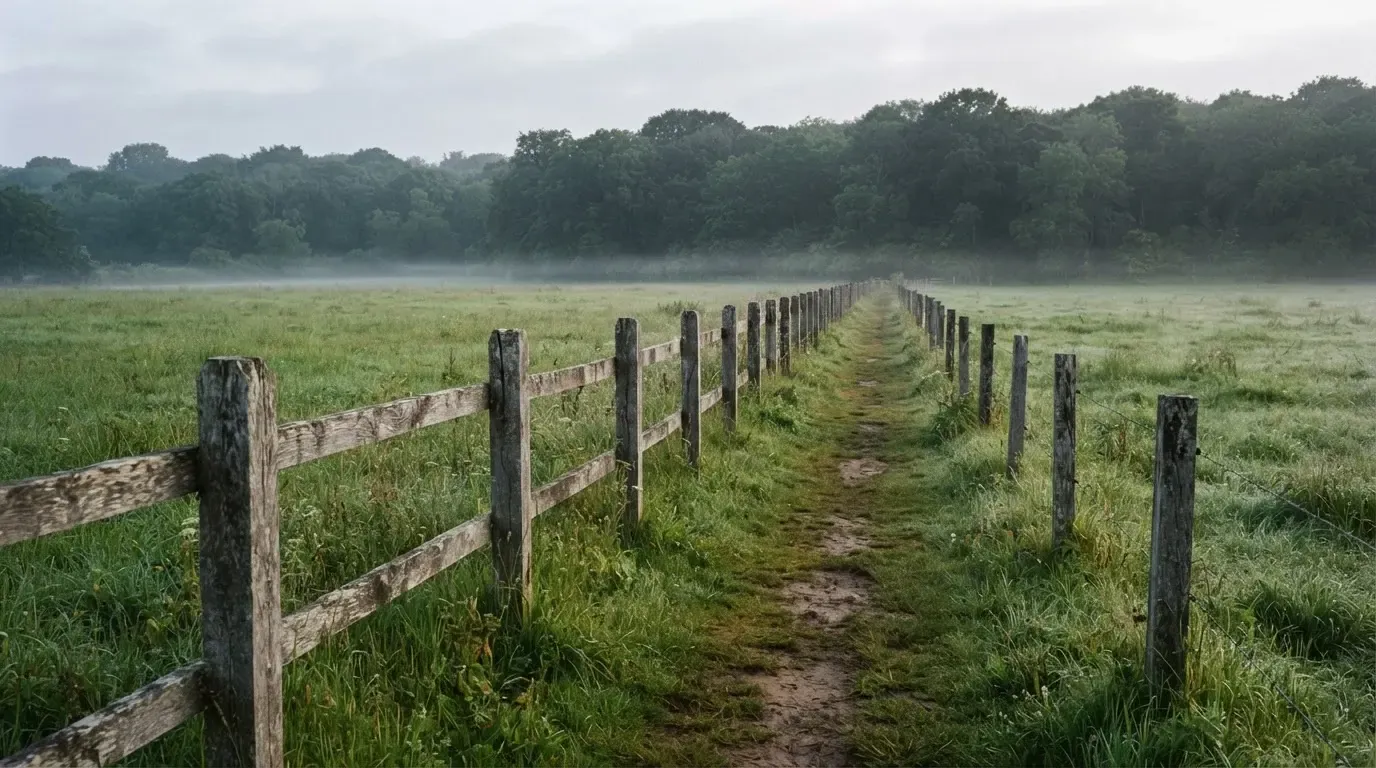 Ein Holzzaun trennt zwei Wiesen entlang eines Feldwegs, dahinter ein Waldrand im diffusen Morgenlicht.