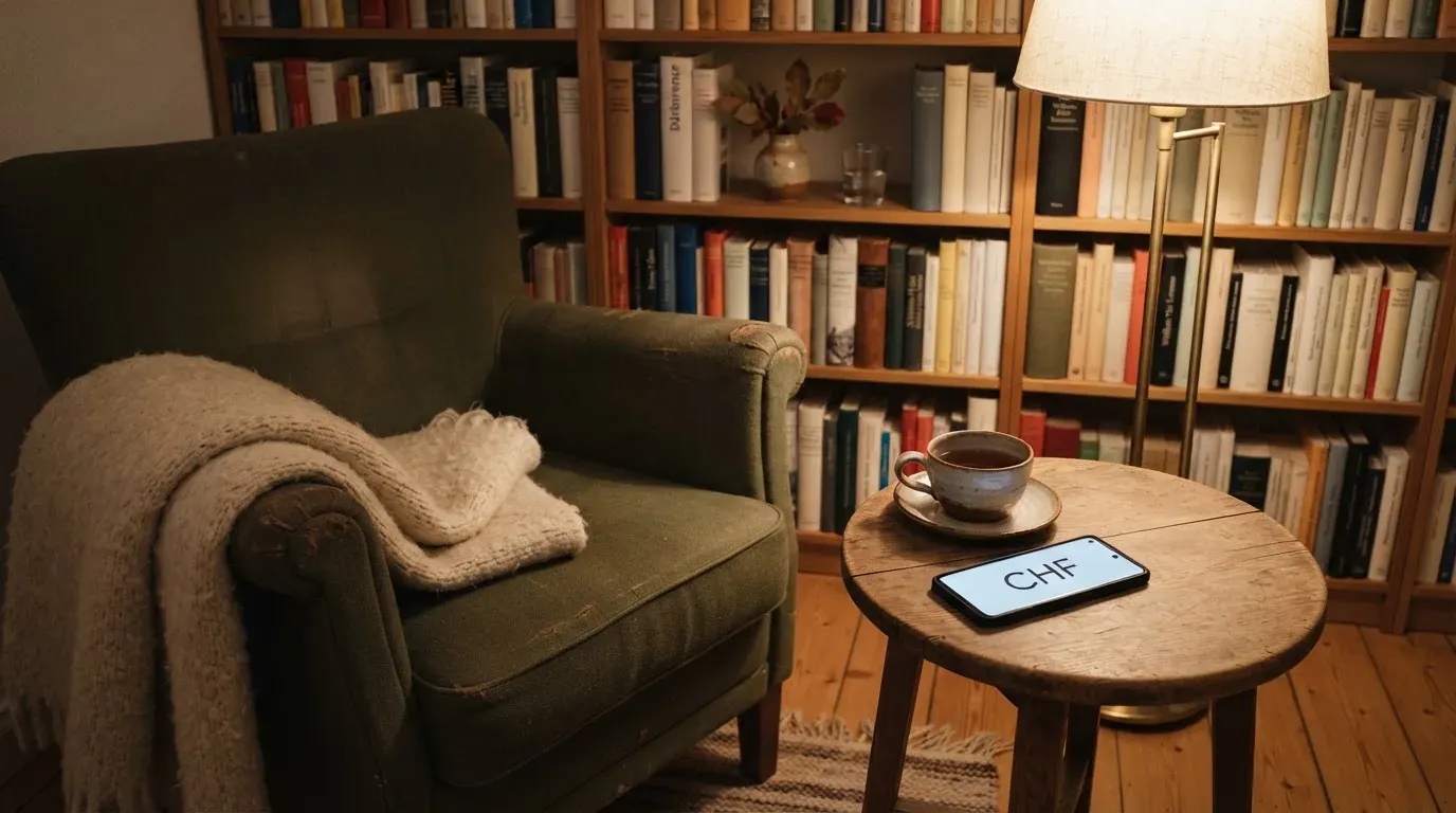 Ein Lesesessel mit Wolldecke steht neben einem Bücherregal und einer Stehlampe, auf dem Tisch eine Teetasse.
