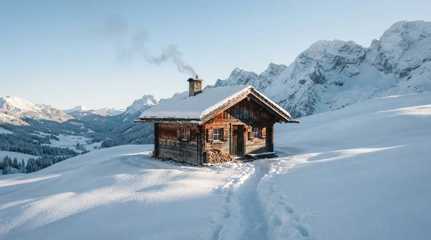 Eine Berghütte im Schnee mit rauchendem Kamin steht vor klarem Himmel, ein Pfad führt in die Stille.