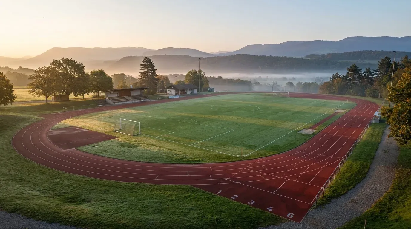 Eine rote Laufbahn umringt ein Fussballfeld beim Sonnenaufgang, auf dem Rasen liegt Tau.