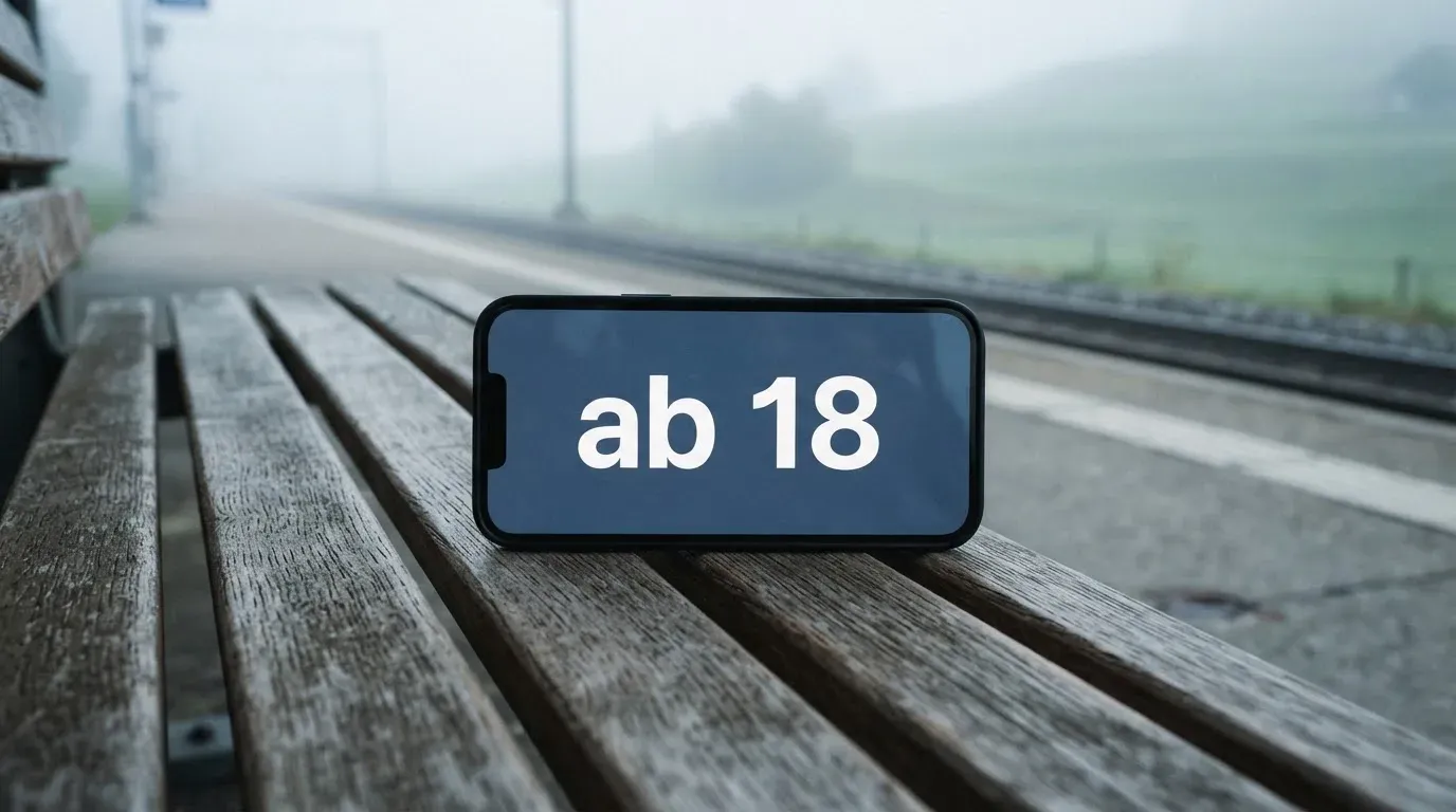 Ein leerer Bahnsteig mit einer Holzbank im Morgennebel, dahinter sanfte Hügel.