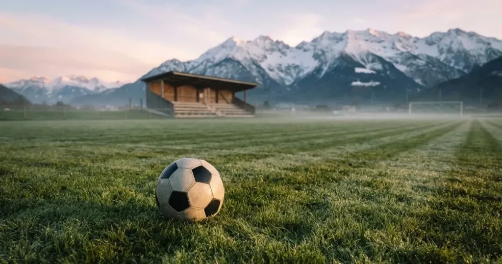 Ein Fussball liegt am frühen Morgen auf dem Rasen eines leeren Fussballfeldes, dahinter eine kleine Tribüne und schneebedeckte Berge.