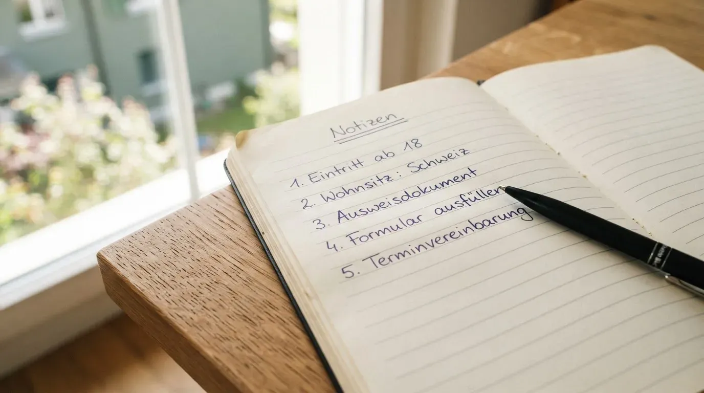 Ein aufgeschlagenes Notizbuch mit handschriftlichen Notizen und ein Kugelschreiber liegen auf einem Holztisch neben einem Fenster mit Tageslicht.