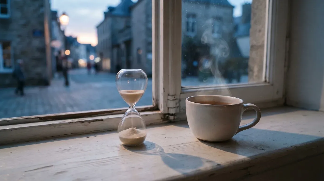 Eine Sanduhr steht auf einem Fensterbrett neben einer Tasse Tee, draussen dämmert es über einer ruhigen Strasse.