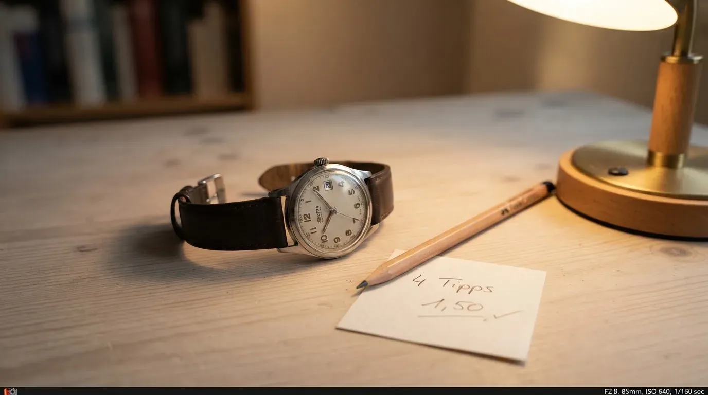 Eine Armbanduhr und ein gespitzter Bleistift liegen auf einem hellen Holztisch im Licht einer Schreibtischlampe.