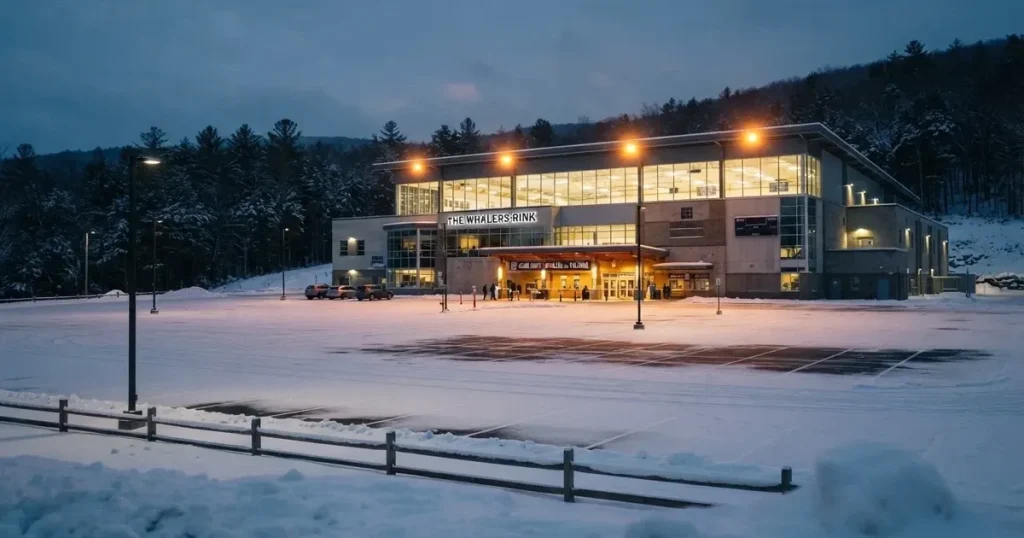 Eine Eishalle steht in der Dämmerung unter Flutlicht, aus der Ferne gesehen, davor ein leerer Parkplatz mit Schnee.