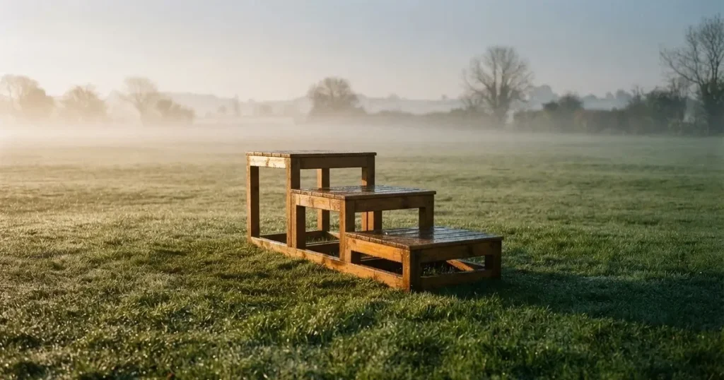 Drei hölzerne Podeststufen in unterschiedlicher Höhe stehen im Morgentau auf einem Rasenplatz, im Hintergrund ziehen Nebelschwaden.