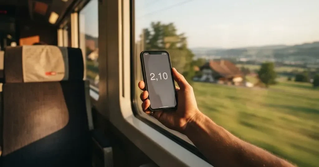 Eine Hand hält ein Smartphone mit schwarzem Bildschirm vor einem Zugfenster, draussen ziehen Hügel und Wiesen vorbei.