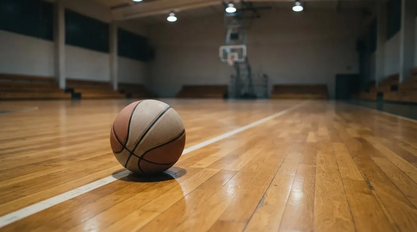 Ein Basketball liegt auf dem Parkett einer leeren Sporthalle im Licht der Deckenlampen.
