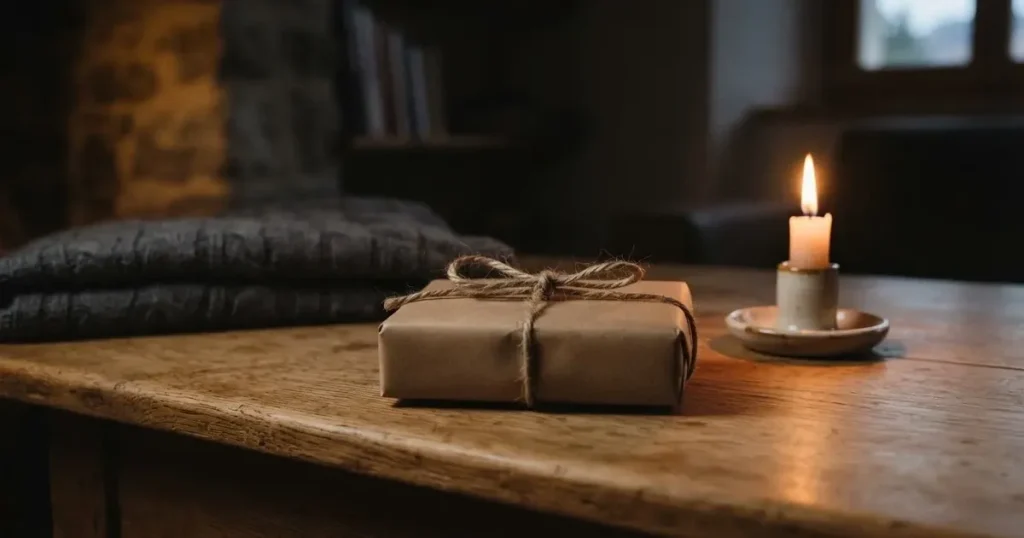 Ein einzelnes Geschenkpaket mit Schnur liegt auf einem Holztisch neben einer brennenden Kerze.