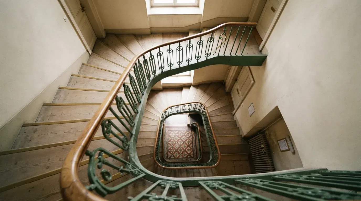 Ein Treppenhaus mit Holzgeländer, von oben fotografiert, die Stufen winden sich nach unten.