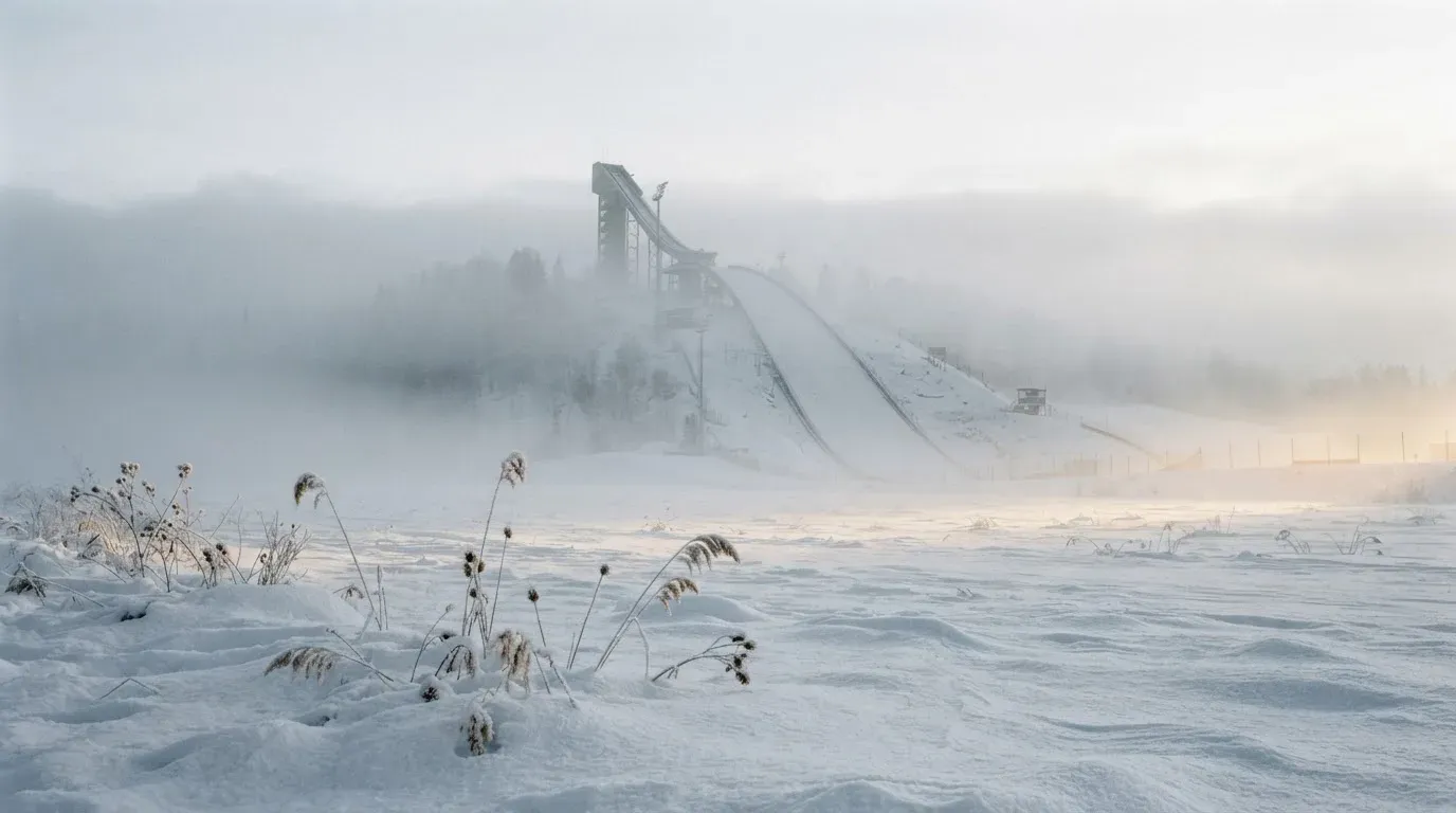 Eine Skisprungschanze ragt aus der Ferne gesehen in den Morgennebel, davor ein verschneites Feld.