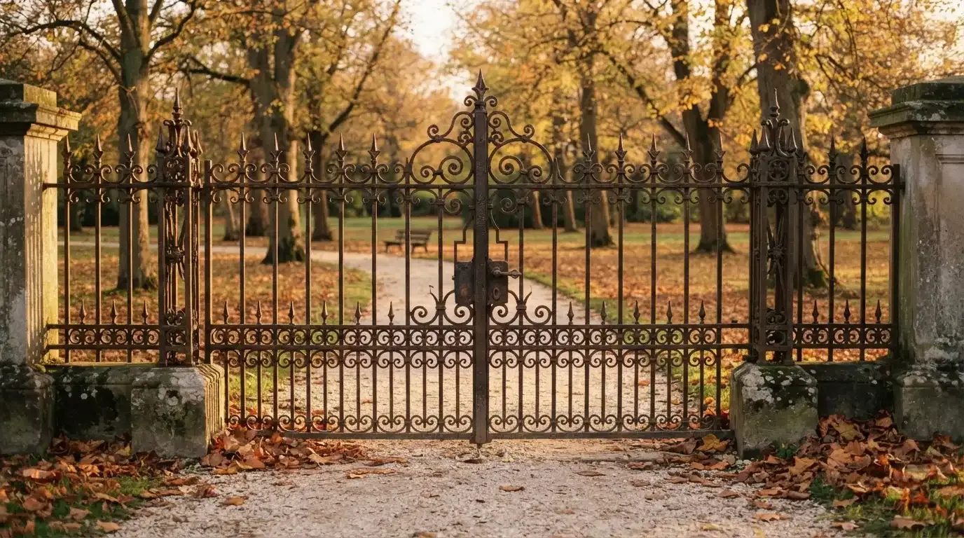 Ein geschlossenes Tor aus Schmiedeeisen steht vor einem Park im Herbstlicht, auf dem Kies liegt Laub.