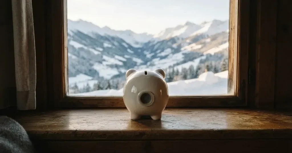 Eine leere Sparbüchse aus Keramik steht auf einem Fensterbrett, draussen liegt eine verschneite Landschaft im Gegenlicht.