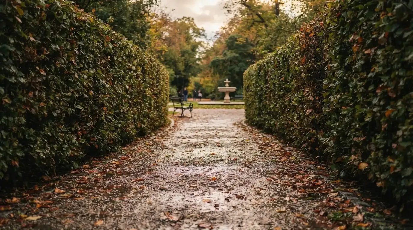 Ein schmaler Kiesweg führt zwischen zwei Hecken durch einen Park, auf dem Weg liegt Herbstlaub.