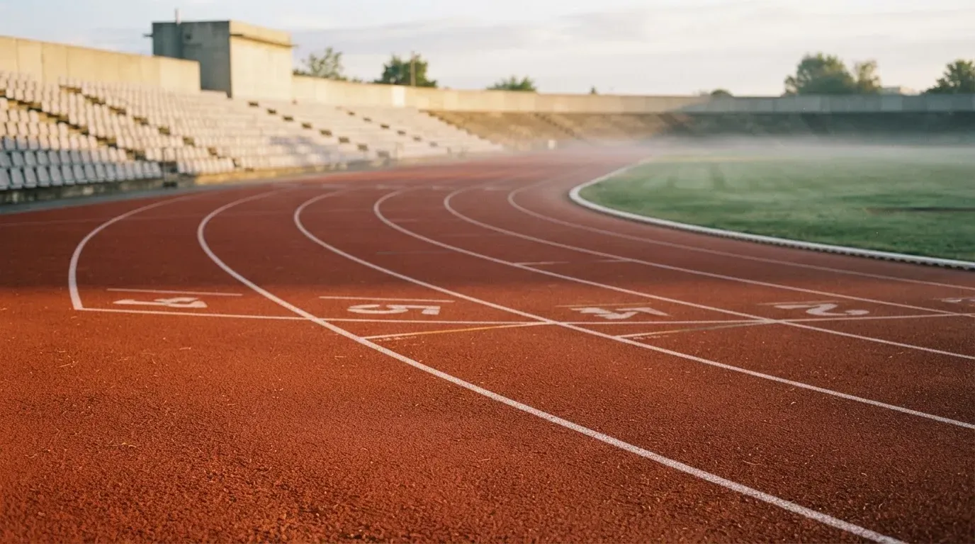 Eine rote Laufbahn in einem leeren Stadion bei Sonnenaufgang, die Bahnen ziehen sich in die Kurve.
