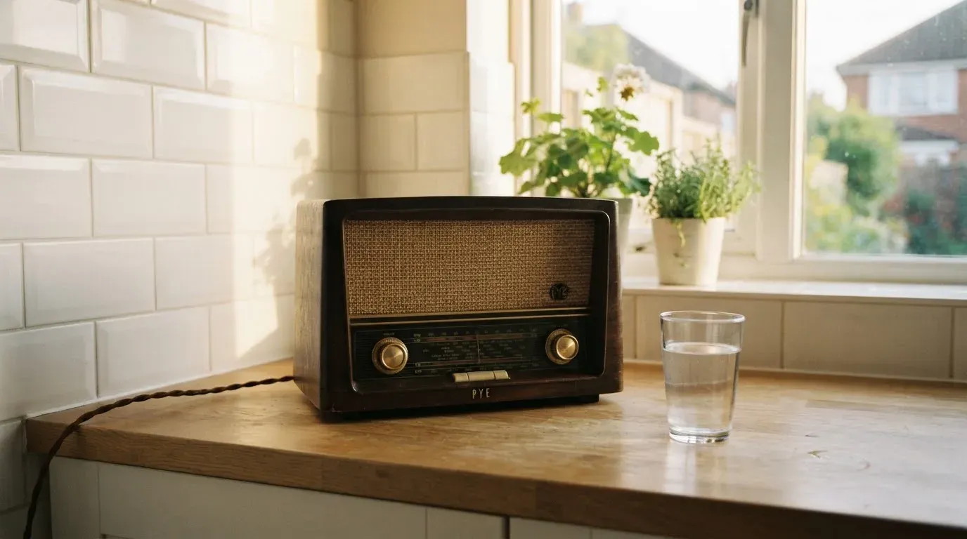 Ein altes Radio steht auf einer Küchenablage neben einem Glas Wasser, Morgenlicht fällt durchs Fenster.