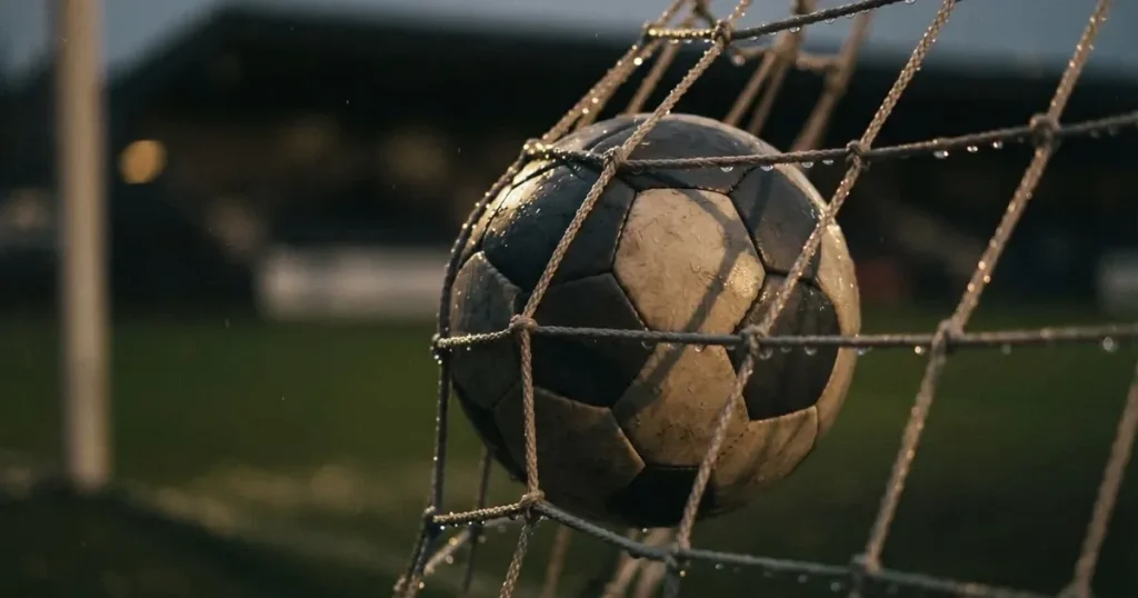 Ein Fussballnetz in Nahaufnahme, in dem ein Ball hängt, Wassertropfen glänzen auf den Maschen.