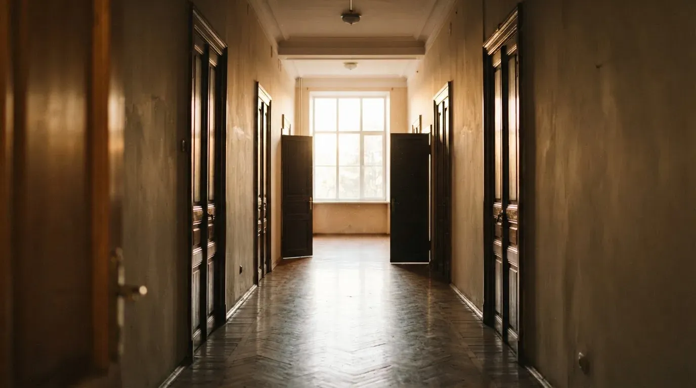 Ein Flur mit Holztüren im Gegenlicht, am Ende des Gangs fällt Tageslicht durch ein Fenster.