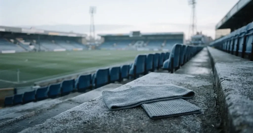 Ein einfarbiger grauer Schal liegt auf einer leeren Betontribüne, Raureif auf den Sitzen, kühles Morgenlicht über dem Stadion