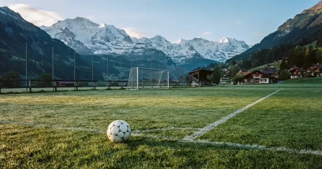 Ein Dorf-Sportplatz mit einem Ball am Strafraumrand, dahinter schneebedeckte Alpengipfel im klaren Morgenlicht