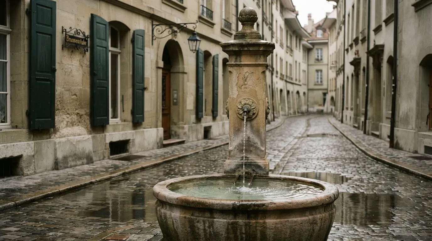 Ein Brunnen vor einer Sandsteinfassade in einer Altstadtgasse, nasses Kopfsteinpflaster und gedämpftes Licht eines bewölkten Morgens