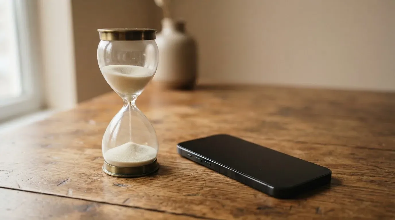 Eine Sanduhr steht neben einem Smartphone mit dunklem Display auf einem Holztisch, ruhiges Tageslicht fällt von der Seite ein