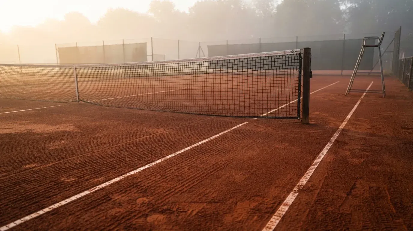 Ein Tennisplatz mit Sandbelag in der Morgendämmerung, Netz und Linien liegen im ersten Licht, Nebel hängt über dem Boden
