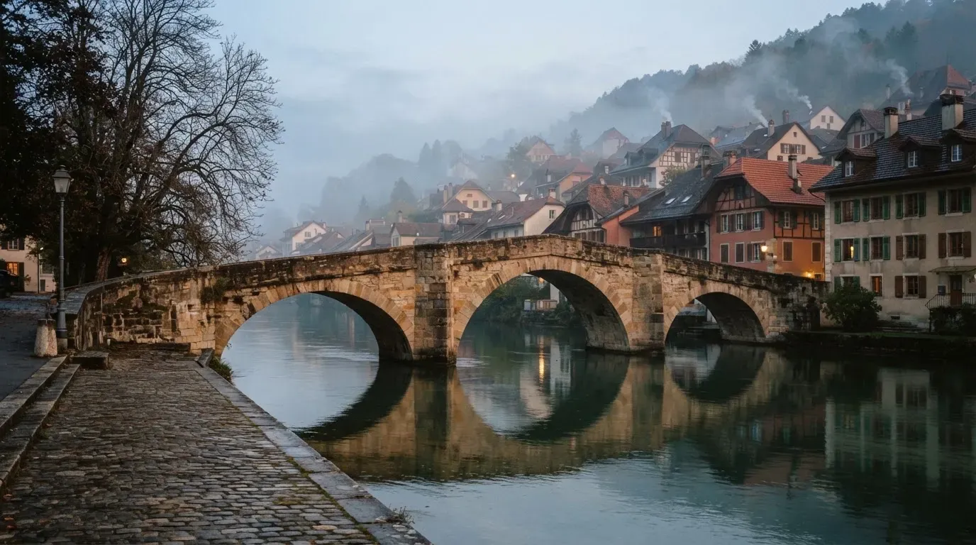 Eine steinerne Brücke über einen Fluss in einer Kleinstadt am frühen Morgen, Nebel zieht zwischen den Dächern hindurch
