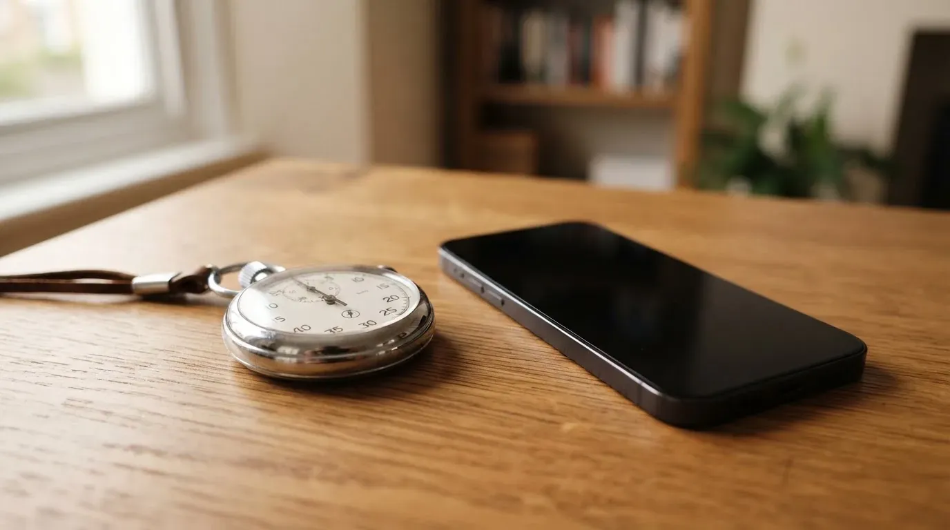Eine Stoppuhr und ein Smartphone mit dunklem Display liegen nebeneinander auf einem Holztisch, weiches Fensterlicht