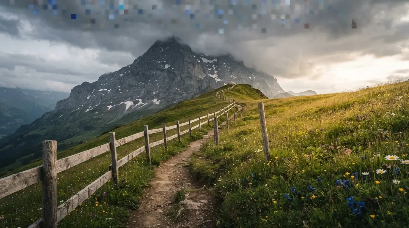 Ein Feldweg führt durch eine Alpwiese mit Holzzaun, im Hintergrund hängen Wolken über einem felsigen Gipfel