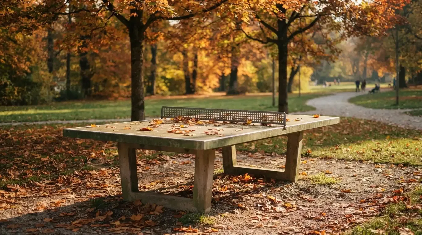 Eine Tischtennisplatte im Freien unter Bäumen, Herbstlaub liegt auf der Platte, das Licht fällt schräg durch die Äste