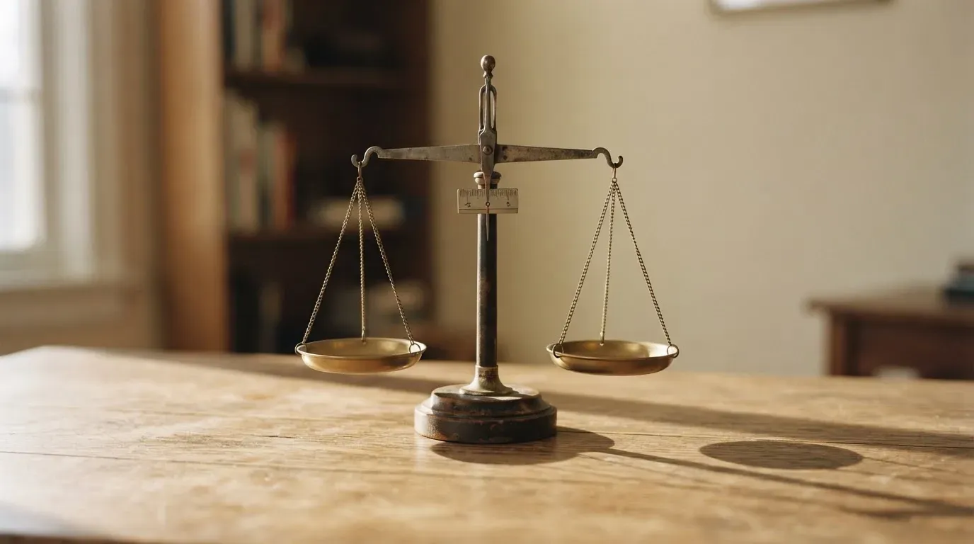 Eine Waage mit zwei leeren Schalen steht auf einem Schreibtisch, Seitenlicht wirft lange Schatten