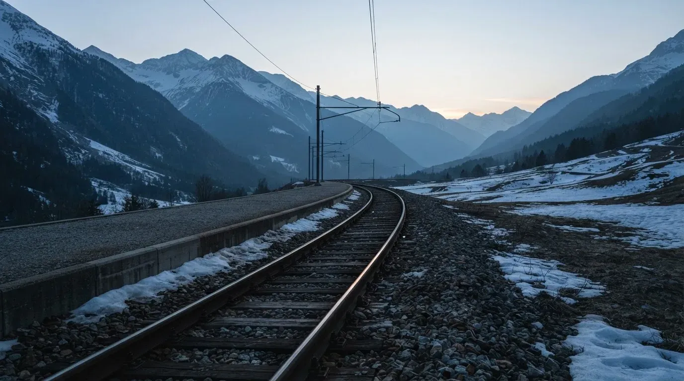 Ein Bahngleis in den Bergen mit Schneeresten und einem leeren Perron im Morgengrauen