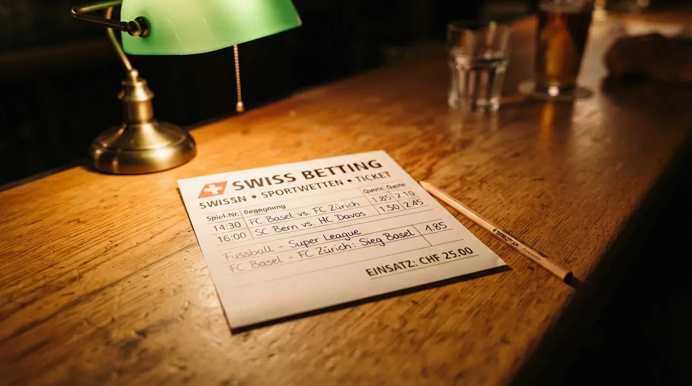 Ein leerer Wettschein aus Papier und ein Bleistift liegen auf einem Holztresen, warmes Licht einer Lampe