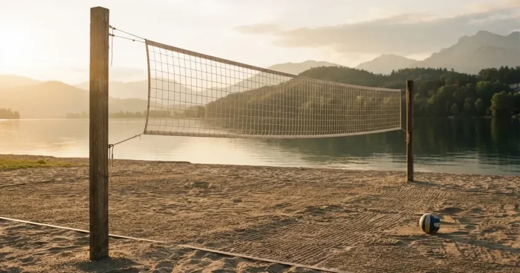Ein Volleyballnetz am Sandstrand eines Sees, späte Nachmittagssonne, das Wasser liegt glatt im Hintergrund