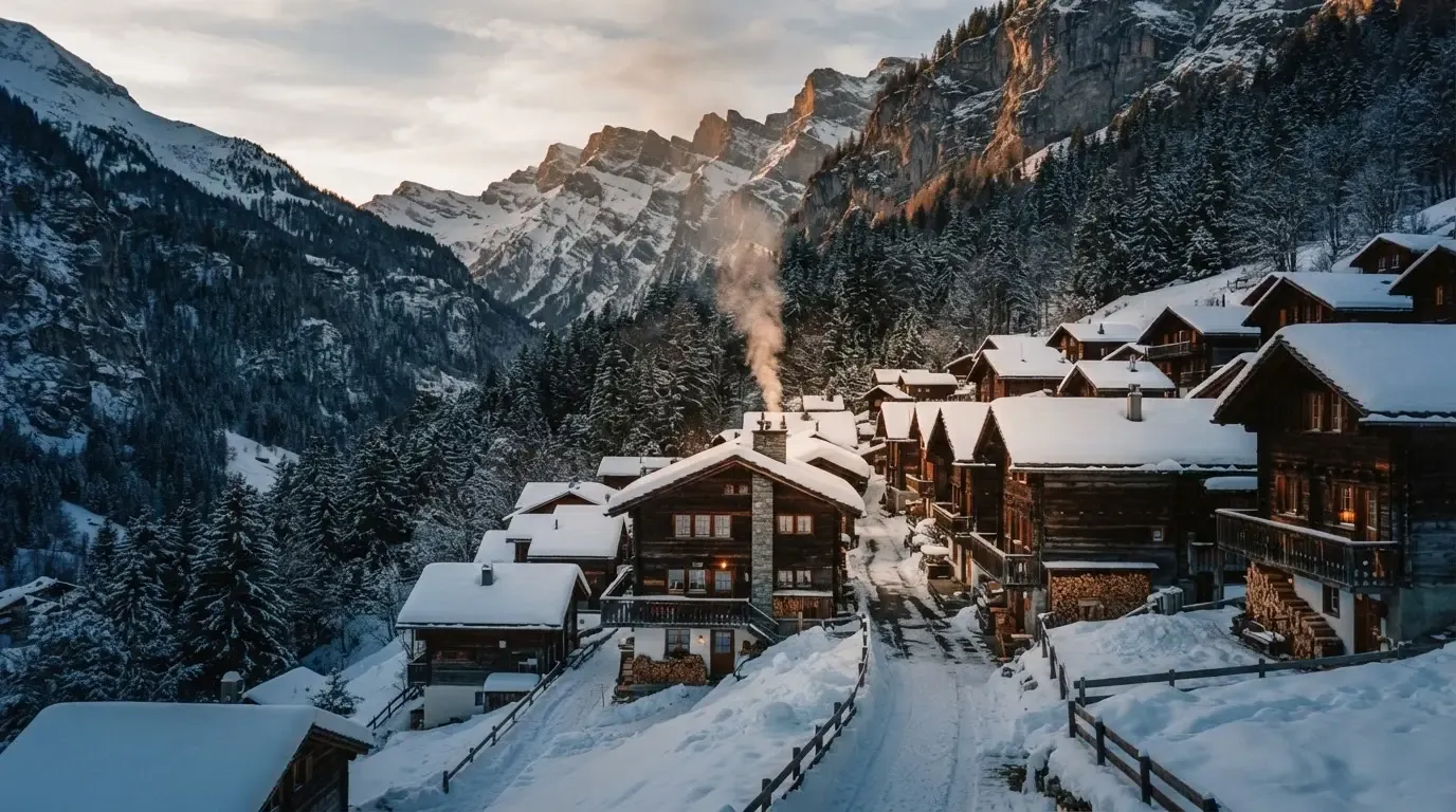 Ein Bergdorf mit Holzhäusern im Schnee, Rauch steigt aus einem Kamin, später Nachmittag mit tiefem Licht