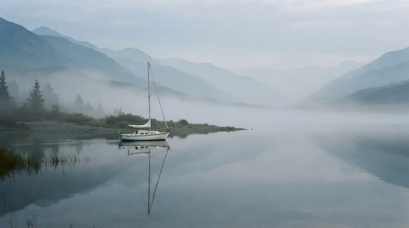 Ein kleines Segelboot auf einem ruhigen Bergsee, Nebel liegt am Ufer, die Berge verschwinden im Dunst