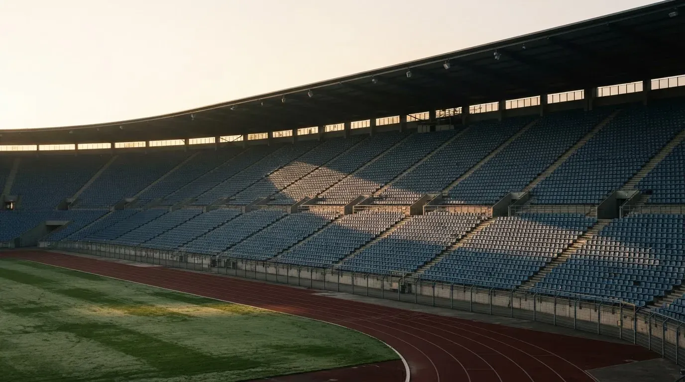 Eine leere Stadiontribüne bei Sonnenaufgang aus der Ferne, lange Schatten fallen über die Sitzreihen