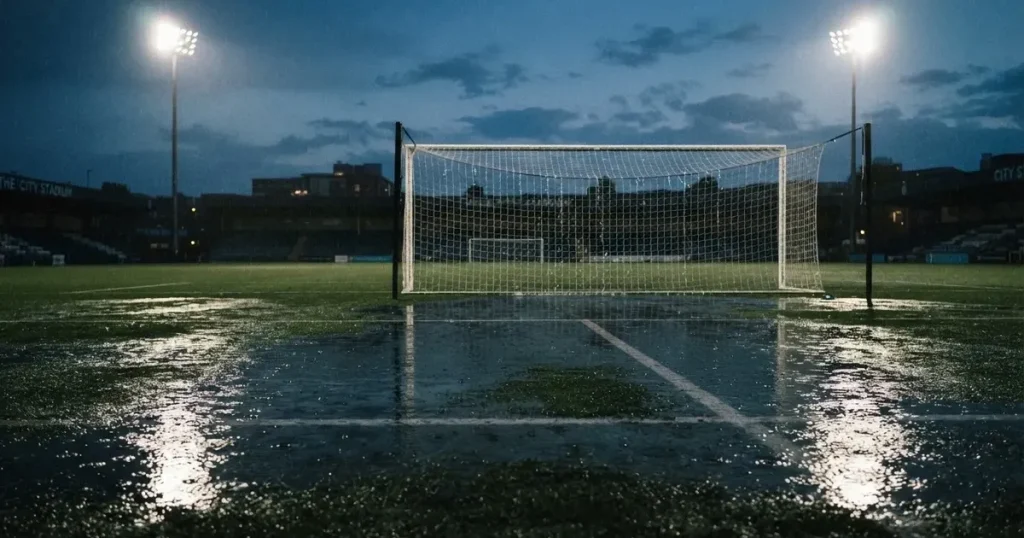 Ein Fussballplatz mit Kunstrasen im Regen, Pfützen spiegeln das Licht der Flutlichtmasten