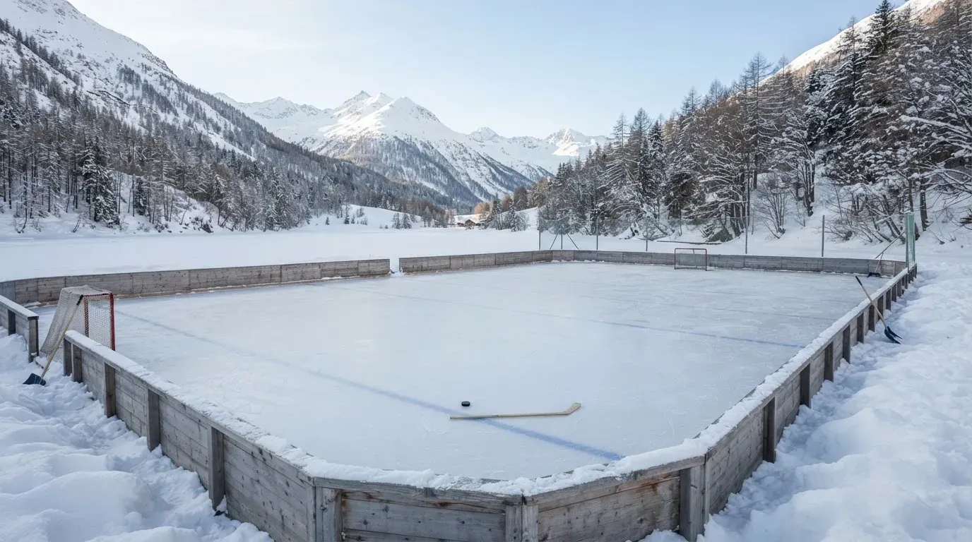 Ein Eishockeyfeld im Freien auf einem zugefrorenen See, Schneewehen an den Banden, klare Winterluft